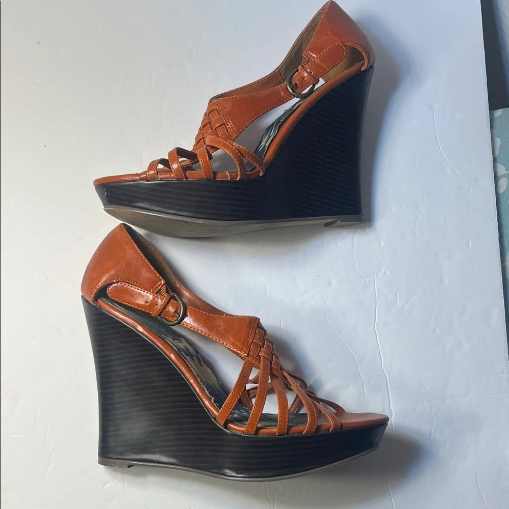 Michael Antonis Women’s orange Wedge Sandals - Strappy Platform Heels size 9.5
